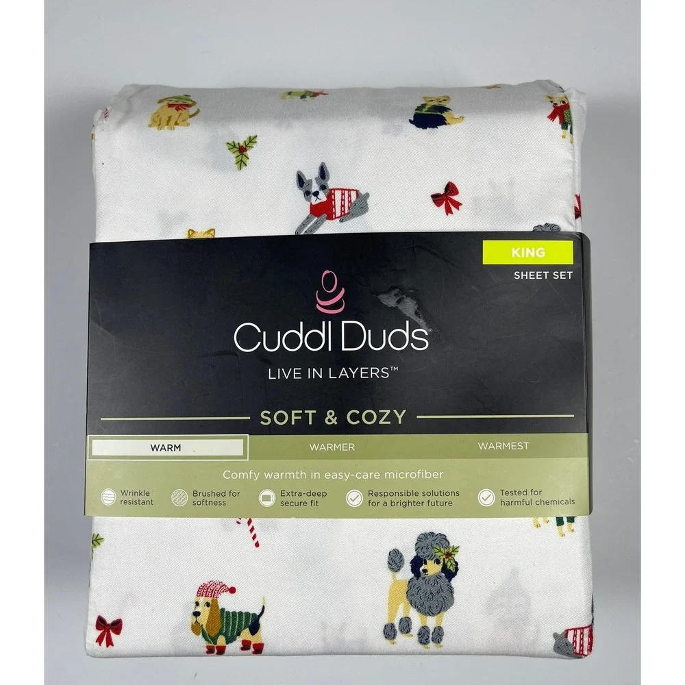 Cuddl Duds King Sheet Set Soft & Cozy Microfiber Christmas Dogs Cats White NEW